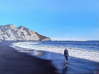 Large landscape painting in acrylic of beach at Waikawau Tunnel Beach, West Coast. Title of painting WET FEET NZ$800.00
