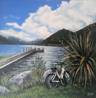 Acrylic landscape titled PARKED UP AT LAKE ROTOROA 