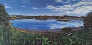 Acrylic landscape painting of a clear, reflective bay off Whangaruru Wharf Road, Northland.  Painting title WAKING UP $620.00
