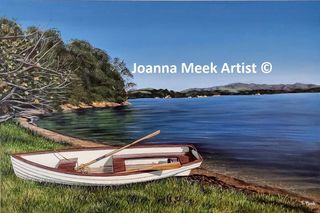 Acrylic landscape painting of wooden row boat on the seashore near Whangaruru. Title of painting SIESTA TIME $460.00