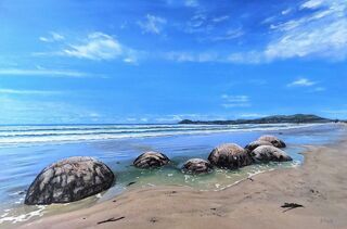 Landscape painting titled MOERAKI BOULDERS