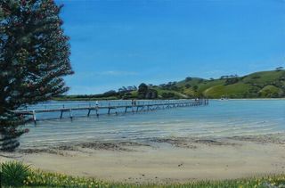 Landscape acrylic painting of a pier stretching into the sunny waters at Port Albert, NZ, painting called PIER OVER SUNNY WATERS for sale at $600.00