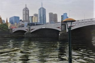 Acrylic landscape titled MOODY MELBOURNE - $325.00