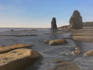 Large painting in acrylics of waterpools on the beach at Three Sisters, Taranaki. Painting title is WATERPOOLS AT THREE SISTERS-SOLD