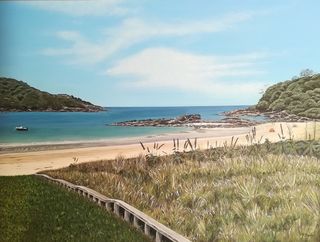 Large landscape painting called COOLING OFF AT MATAI BAY