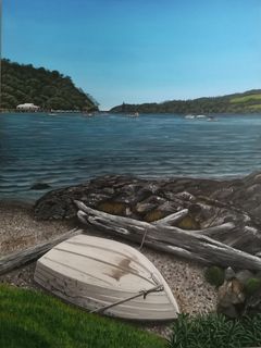 Extra large acrylic painting of upturned boat on the shores at Mangonui. Painting title BOAT AT REST for sale-POA