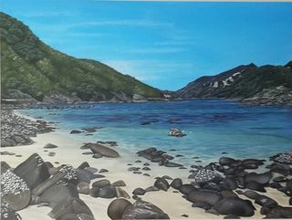 Large landscape painting titled MATAI BAY-SOLD