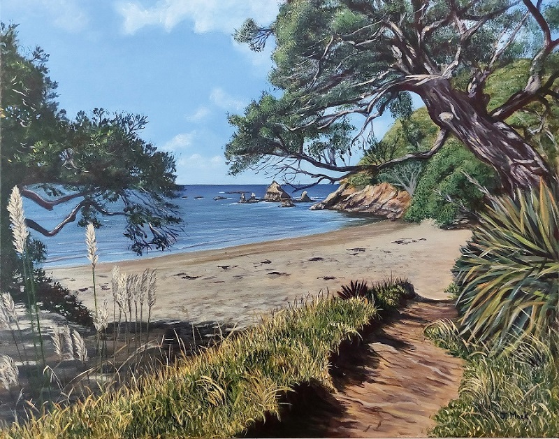 Landscape painting titled BEAT YOU TO THE BEACH for sale $461.00