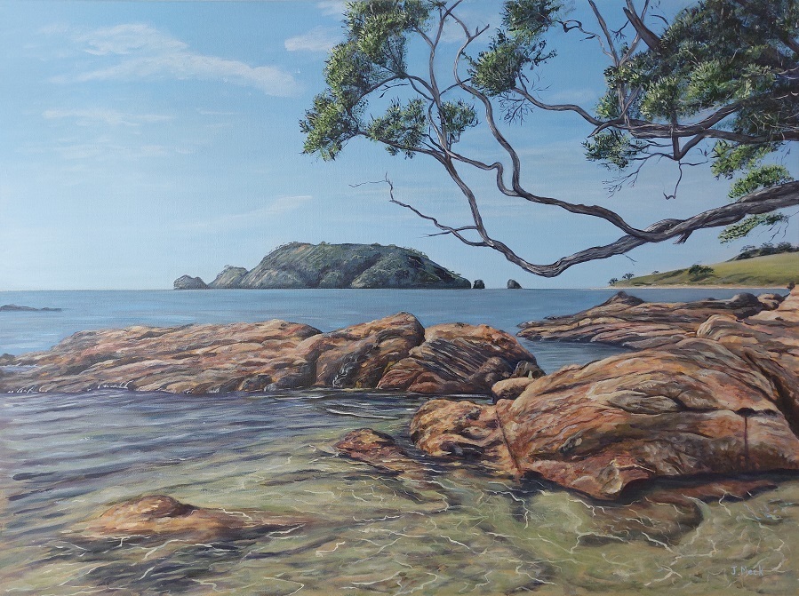 Acrylic painting of rocks jutting in and out of the water at Bland Bay, painting title 
