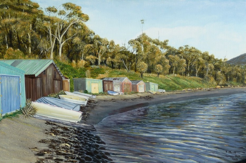 Landscape acrylic painting titled Colourful boat sheds in Tasmania