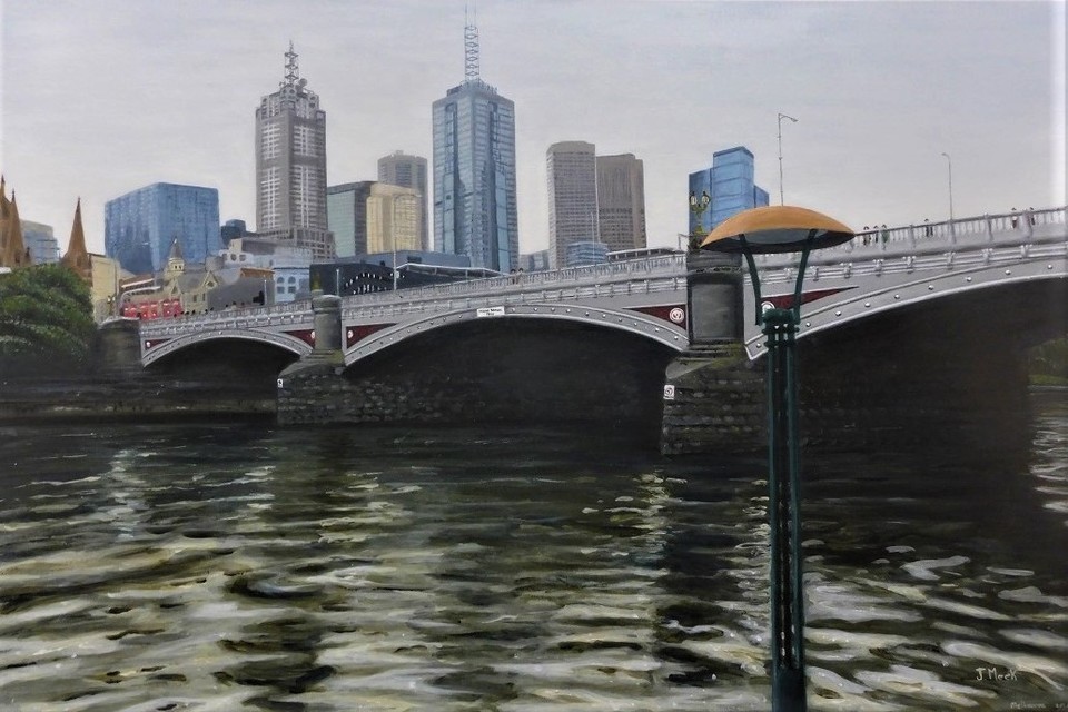 Acrylic landscape titled MOODY MELBOURNE - $360.00