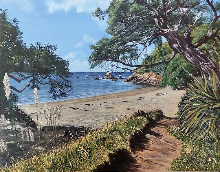 Landscape painting of walking path to the beach at Bay of Island, painting titled BEAT YOU TO THE BEACH $461.00