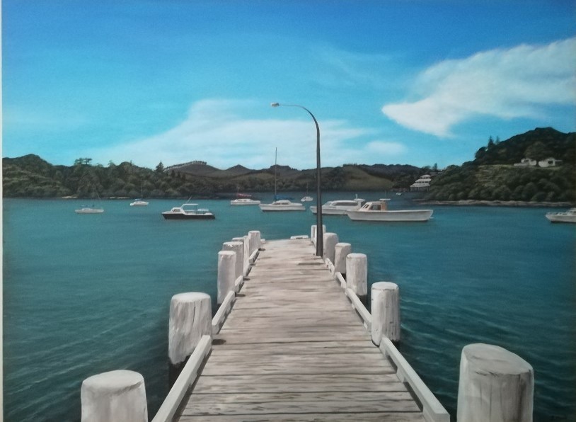 Landscape acrylic painting titled JETTY NEAR MANGONUI SOLD