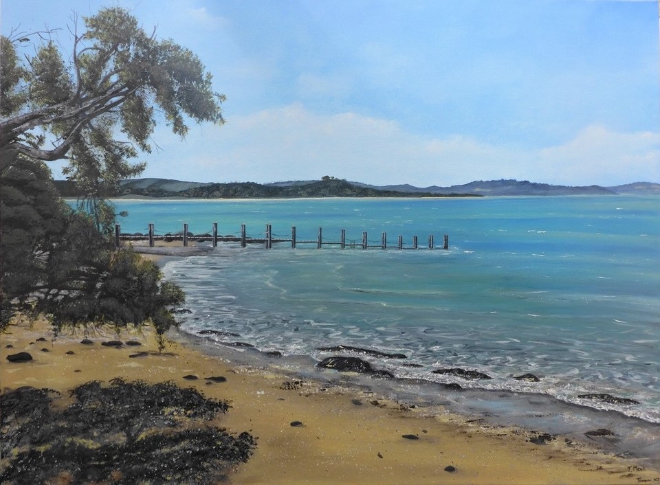Landscape painting titled WHARF AT TINOPAI -sold