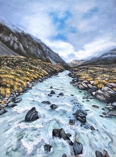 Acrylic painting titled RUSHING BY in frame $600.00